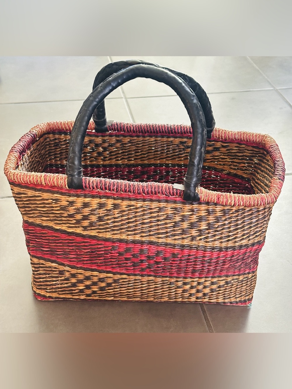 Handwoven Handcrafted Basket Market Tote with Handles in Magenta, Tan/Brown